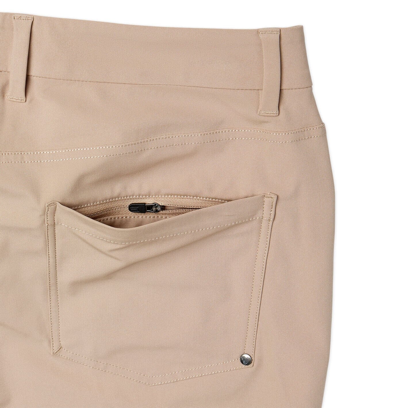 detail of back security pocket on khaki Around The Clock Pants