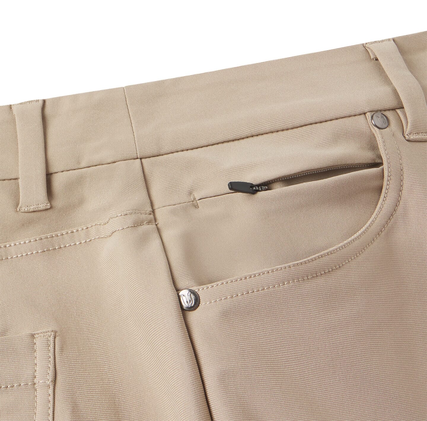 right side detail of security pocket on khaki Around The Clock Pants
